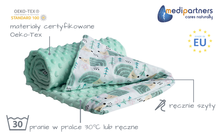 Medi partners, Arici, patura, minky, menta, 75-100 cm