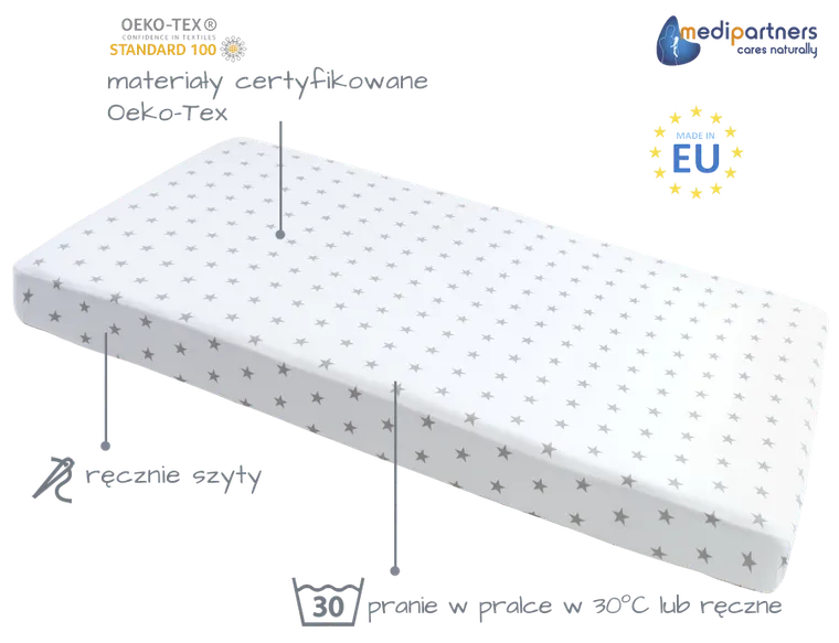 Medi Partners, Stars, cearceaf cu elastic, alb, 60-120 cm