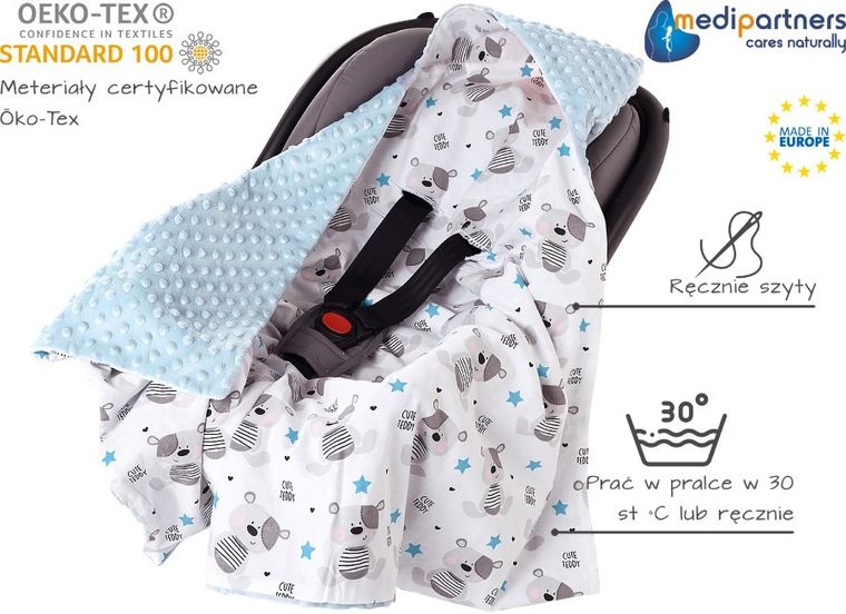 Medi Partners, Teddy, patura cu doua fete cu gluga, albastru deschis, 85-85 cm