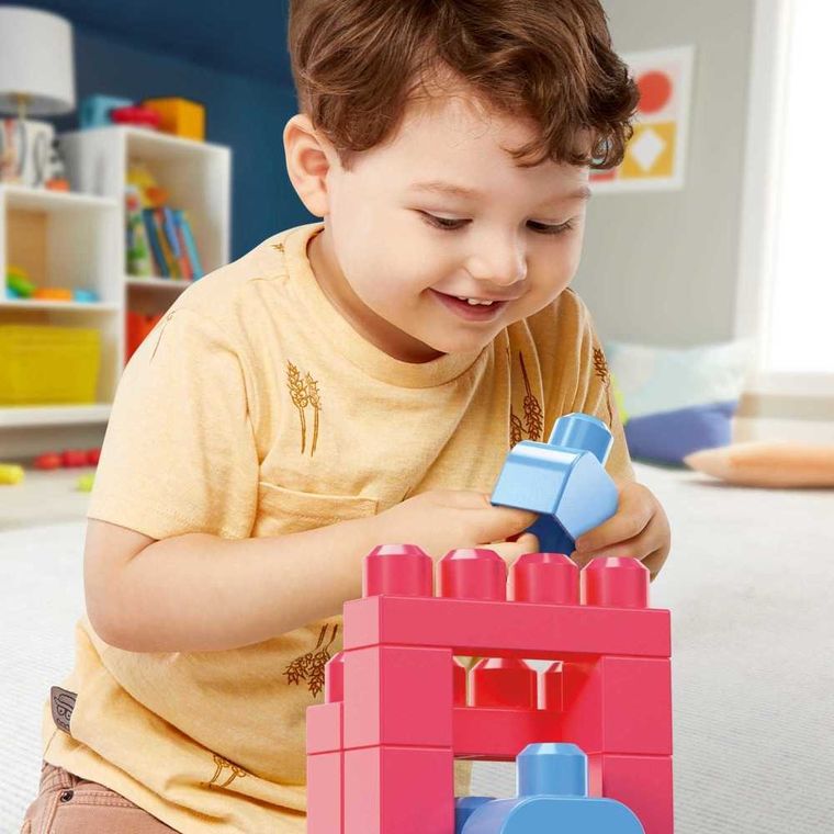MEGA Bloks, geanta cu blocuri, roz, set de constructie, 60 piese