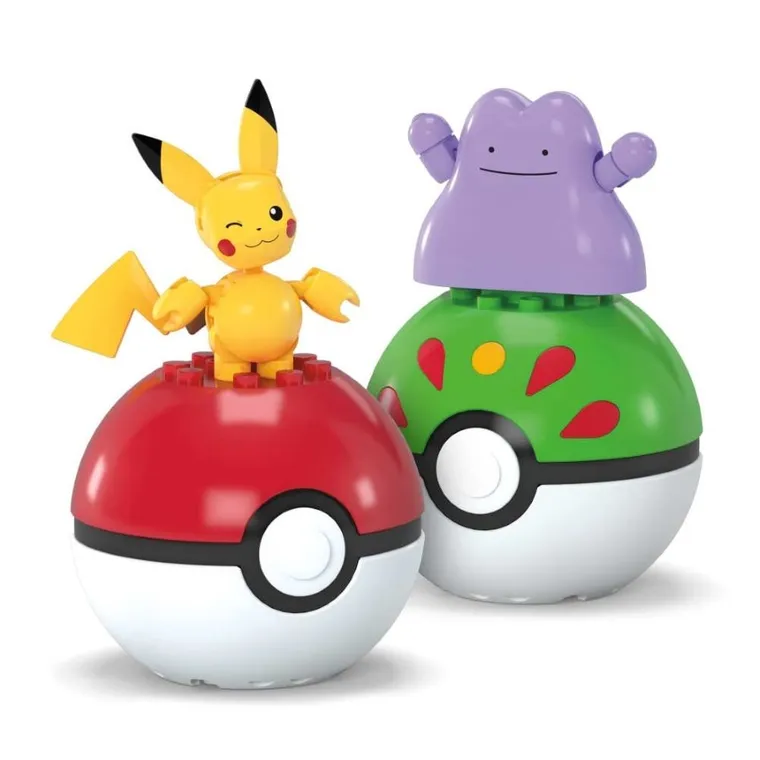 MEGA Pokemon, Pokeball Pikachu si Ditto, 2 figurine, set de constructie, 42 piese