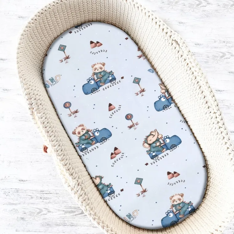 MimiNu, Dinozauri in masini, cearceaf cu elastic pentru gondola, 80-35 cm