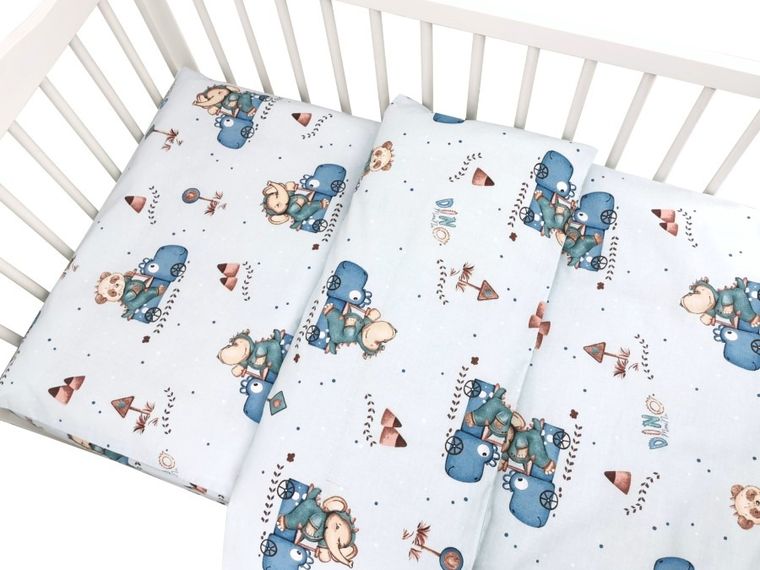 MimiNu, Dinozauri in masini, set lenjerie de pat single, 135-100 cm