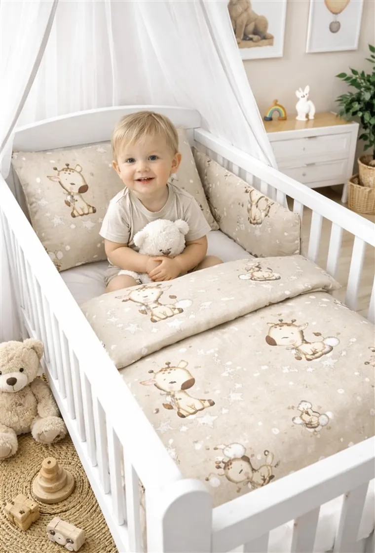 MimiNu, Girafa, set lenjerie de pat single, din bumbac, bej, 100-135 cm