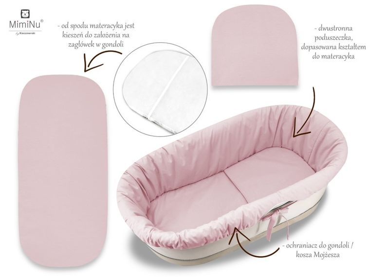 MimiNu, Royal, set: protectie universal pentru gondola, patut, cos de Moses + saltea 35-75 cm + perna 33-32 cm, roz