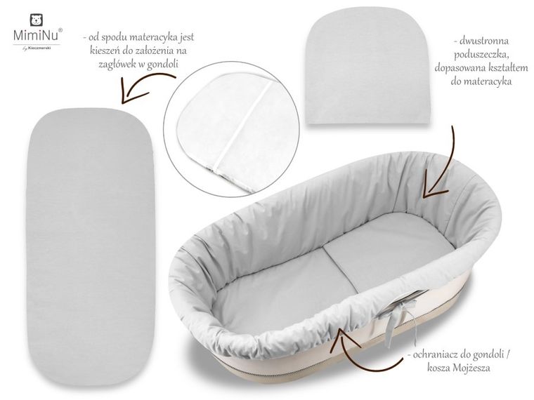 MimiNu, Royal, set: protectie universal pentru gondola, patut, cos de Moses + saltea 35-75 cm + perna 33-32 cm, gri