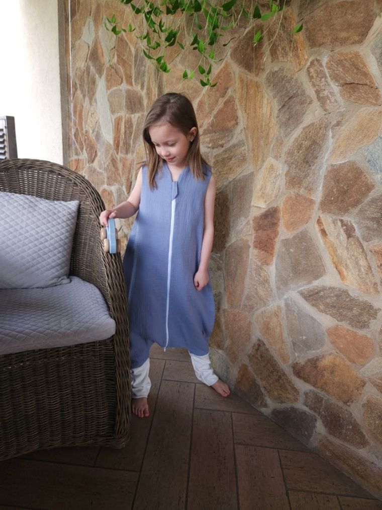 MimiNu, sac de dormit subtire de vara cu picioare, muselina, denim, TOG 0.5, marime M, 2-6 ani