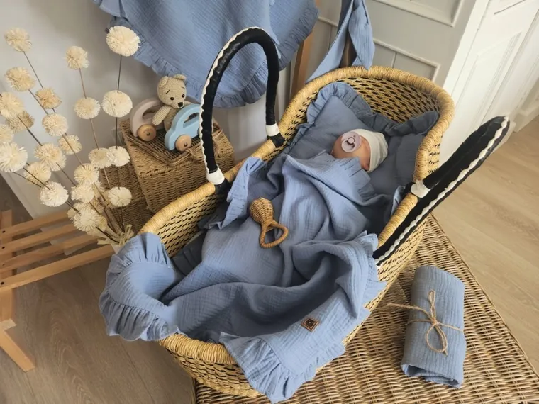 MimiNu, set: patura 75-100 cm + perna 30-40 cm, muselina, denim