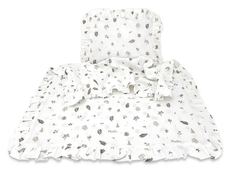 MimiNu, set: patura din muselina, 60-70 cm + perna cu fata de perna, 40-30, frunze bej