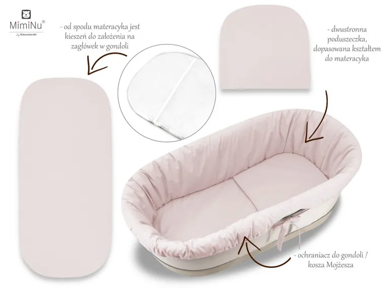 MimiNu, set: protectie universal pentru gondola, patut, cos de Moses + saltea 35-75 cm + perna 33-32 cm, bej, roz