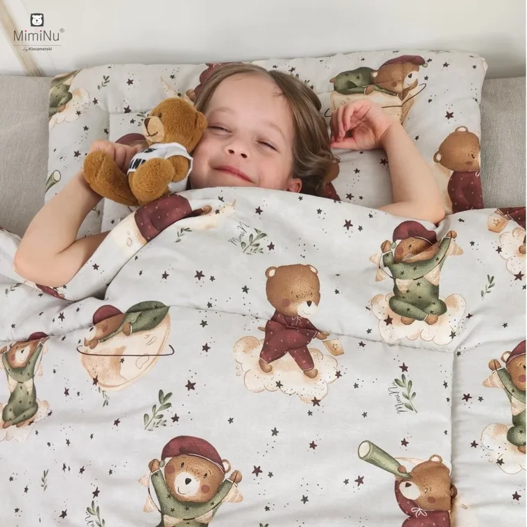 MimiNu, Ursulet pe luna, set lenjerie de pat single cu umplutura, plapuma si perna, 135-100 cm
