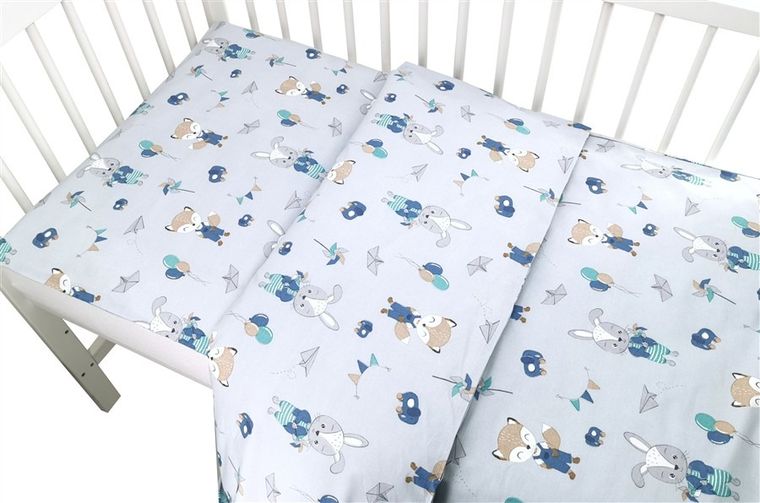MimiNu, Vulpea si Iepurele, set lenjerie de pat single, din bumbac, albastru, 100-135 cm