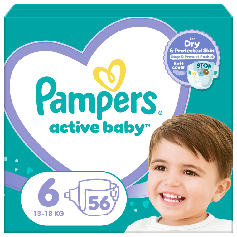 Pampers Active Baby, Jumbo Pack, scutece marimea 6, 13-18 kg, 56 buc.