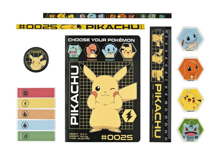 Pokemon, mini trusa scolara in punga cu blocnotes, rigla, creioane, guma de sters, 10 articole
