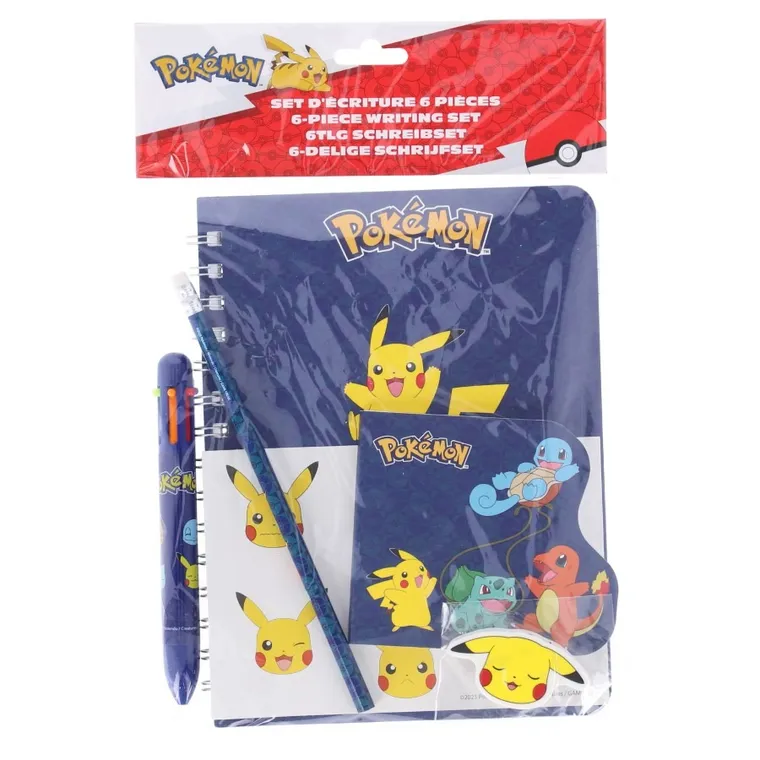 Pokemon, set de rechizite scolare: creion, radiera, stilou cu sase culori, penita, autocolante, 6 buc.