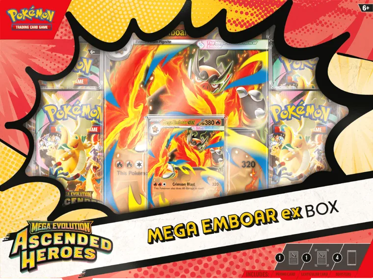 Pokemon TCG: Mega Evolution, Ascended Heroes, Mega Emboar ex Box, joc de carti