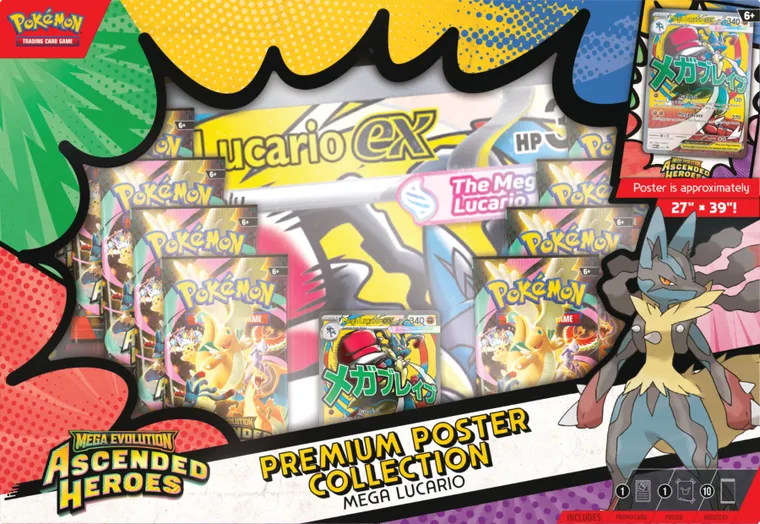 Pokemon TCG: Mega Evolution, Ascended Heroes, Premium Poster Collection, Mega Lucario, supliment de joc cu un poster de colectie