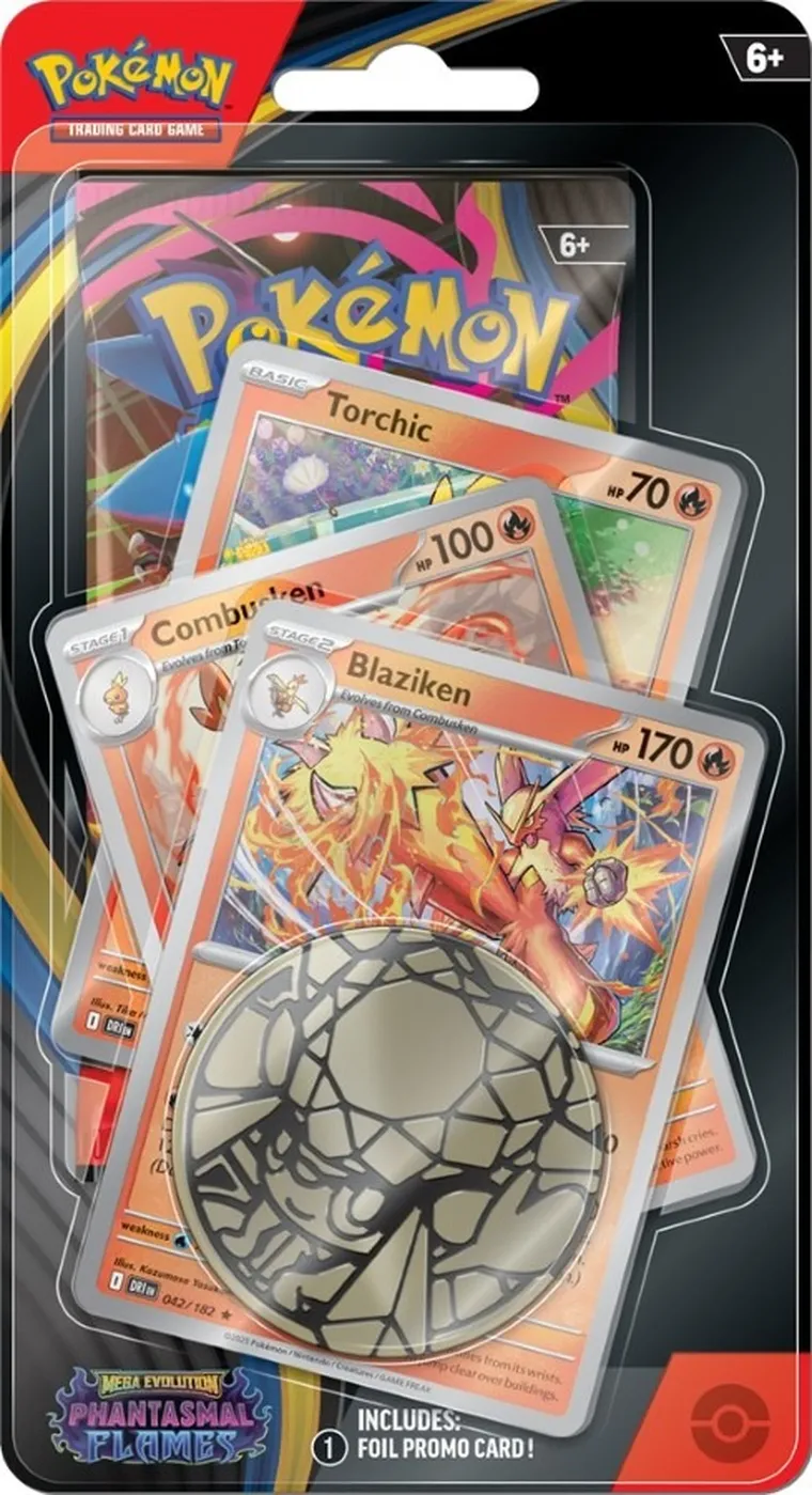 Pokemon TCG: Mega Evolution, Phantasmal Flames, Blaziken/Hydrapple, Premium Checklane Blister, joc de carti, add-on