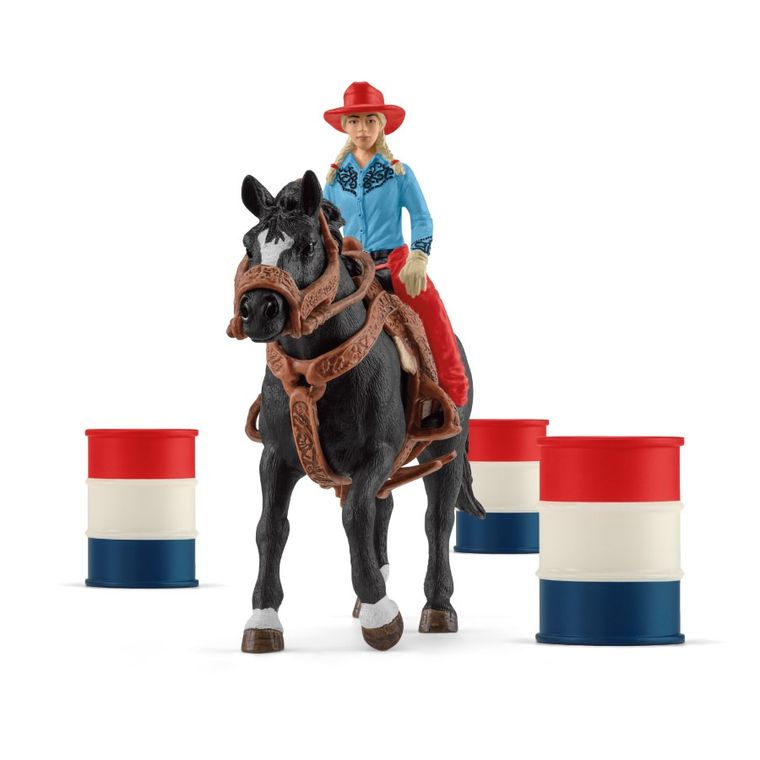 Schleich, Farm World, Cowgirl si cursa printre butoaie, set, 42576