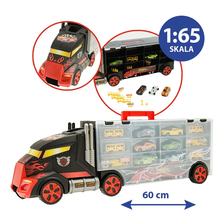 Smiki, camion transportor cu garaj, 6 masinute si accesorii