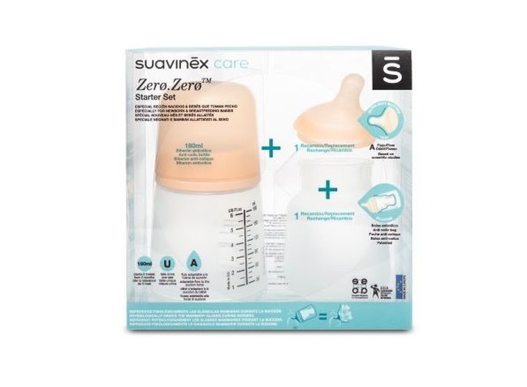 Suavinex, Zero Zero, set de biberoane, biberon 180 ml cu tetina si punga