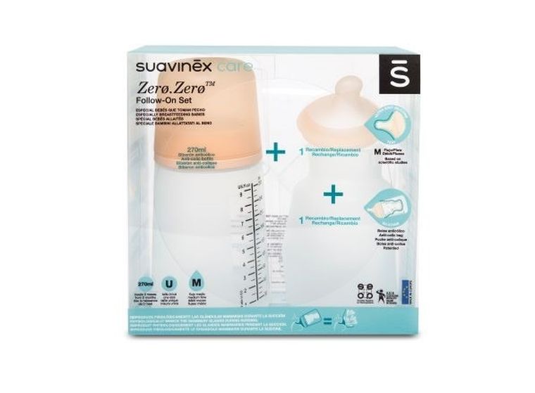 Suavinex, Zero Zero, set de biberoane, biberon 270 ml cu tetina si punga