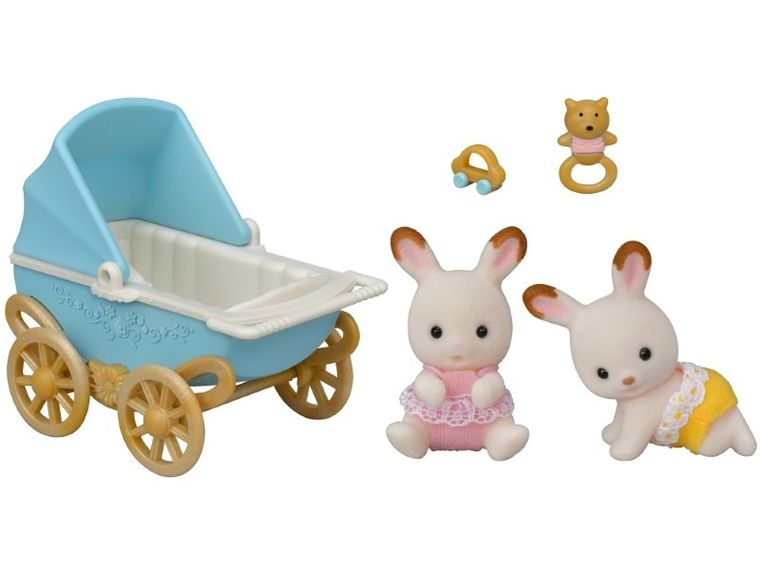 Sylvanian Families, Iepurasii gemeni cu urechiuse de cicolata, carucior, accesorii, set, 5432