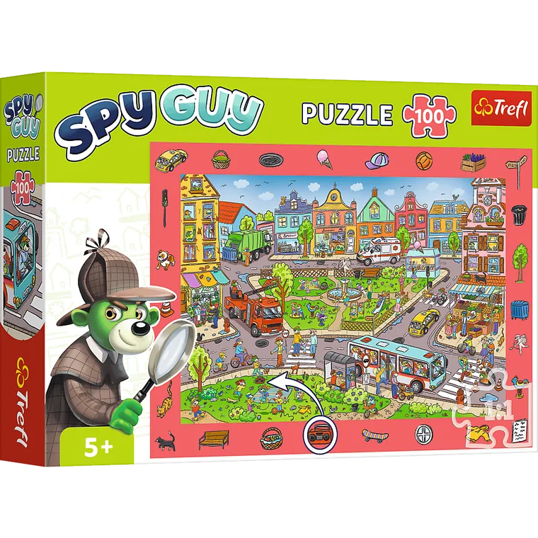 Trefl, familia Treflik, Spy Guy, Happy town + City, puzzle de observatie, 2-100 piese, set promotional