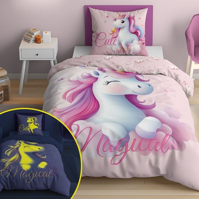 Unicorn, Fluo, set lenjerie de pat, single, 160-200 cm