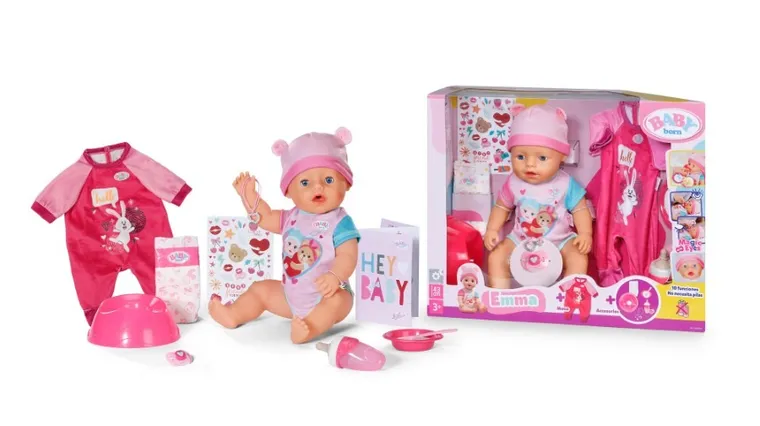 Baby Born, papusa Emma, ​​43 cm, set cu salopeta suplimentara + pachet de 5 scutece gratuit