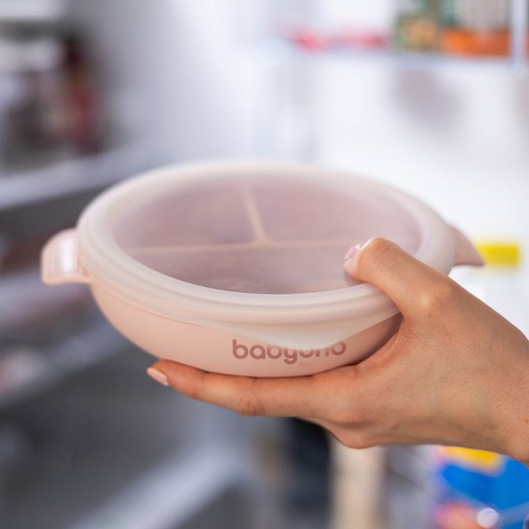 BabyOno, farfurie din silicon cu ventuza si capac, roz