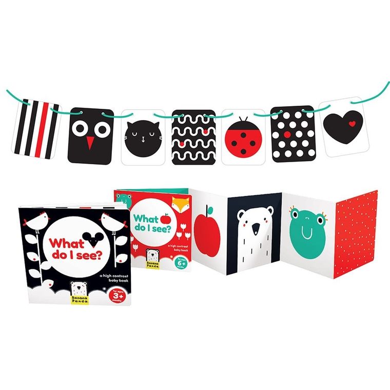 Banana Panda, High Contrast Baby Pack pentru bebelusi de la 0 luni+/3 luni+/6 luni+, set de 2 carti cu contrast, 7 carduri cu imagini cu doua fete si un ghid pentru parinti