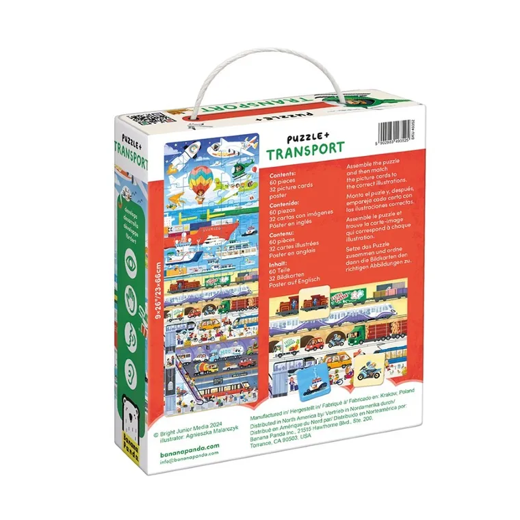 Banana Panda, Puzzle + Transport, set de puzzle-uri, pentru varsta de 4+, 60 piese de puzzle, 32 placute suplimentare