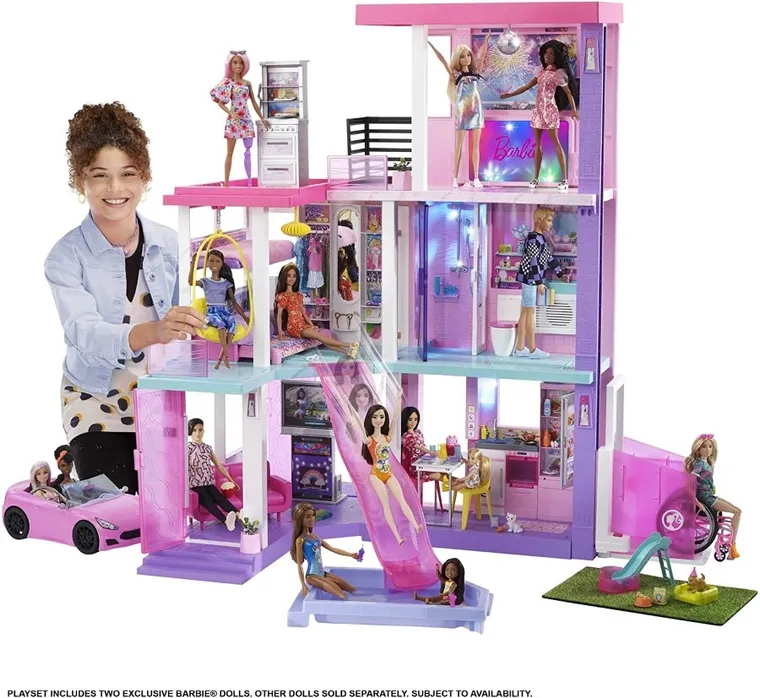 Barbie, Dream House Deluxe, Casa de papusi - 60. aniversare, set de joaca cu 2 papusi, masina si accesorii