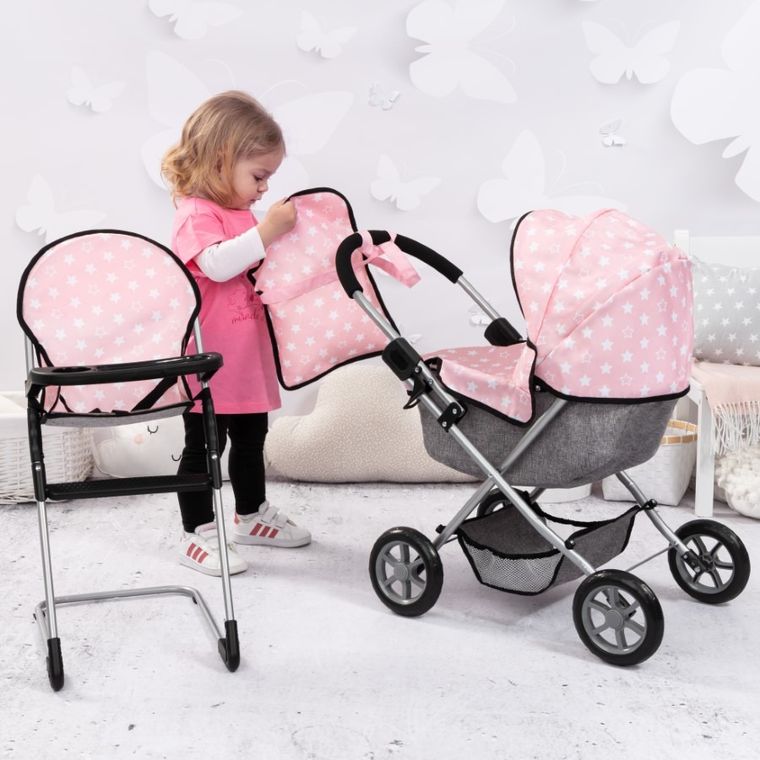 Bayer Design, Cosy, carucior multifunctional pentru papusi, set cu geanta si scaunel, roz-gri cu stelute