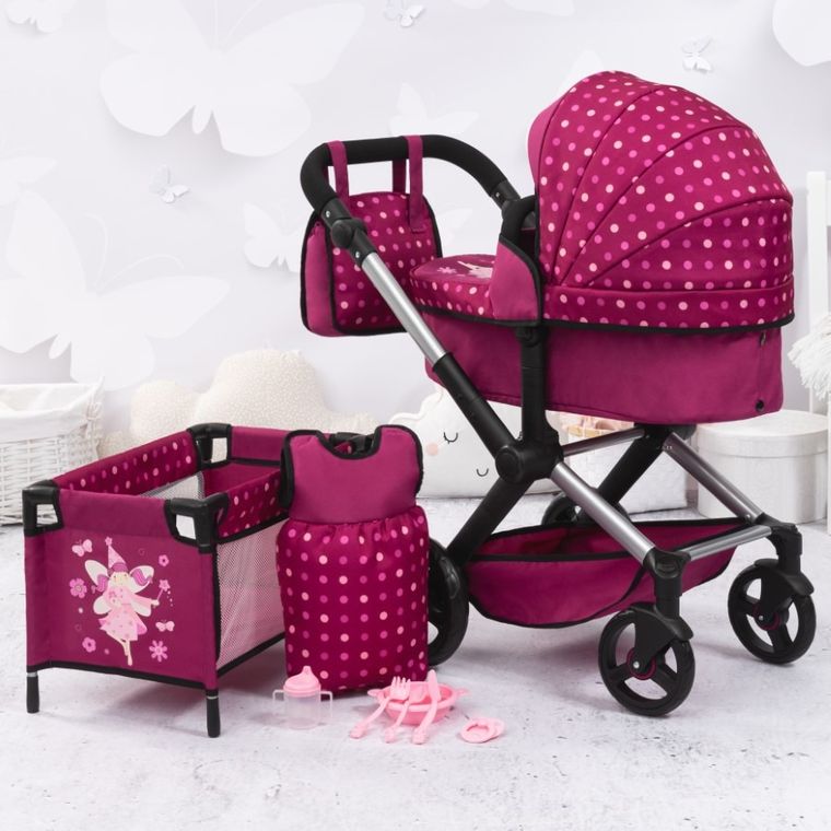 Bayer Design, Xeo Combi, carucior multifunctional pentru papusi, set cu patut pliabil, geanta si accesorii, burgundia