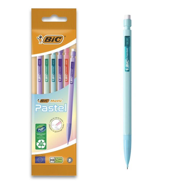 Bic, Matic Pastel, creion automatic cu radiera, HB, Pouch, 0,7 mm, 5 buc.