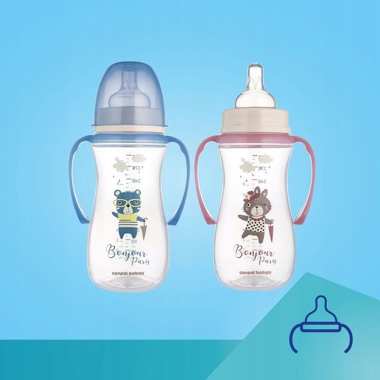 Canpol babies, EasyStart, Bonjour Paris, biberon anticolici cu manere, roz, 300 ml