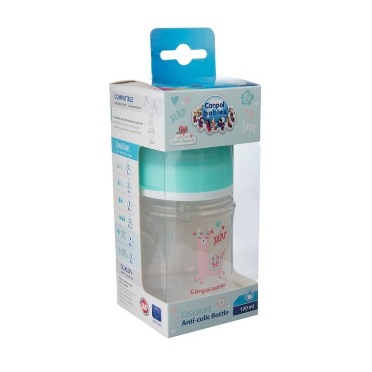 Canpol babies, EasyStart, Exotic Animals, biberon cu gatul larg, verde, 0m+, 120 ml