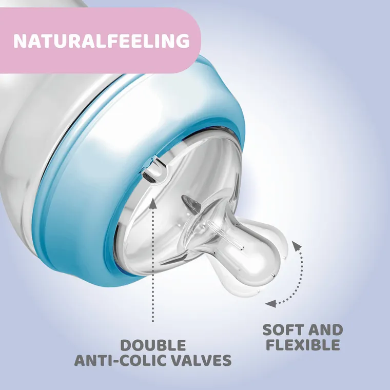 Chicco, NaturalFeeling, sticla din plastic, debit medium, albastru, 6 luni+, 330 ml