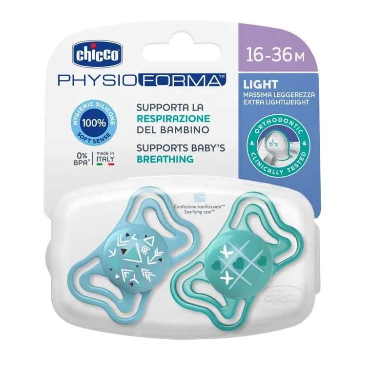 Chicco, Physioforma Light, suzeta din silicon, albastru, 16-36 m, 2 buc.