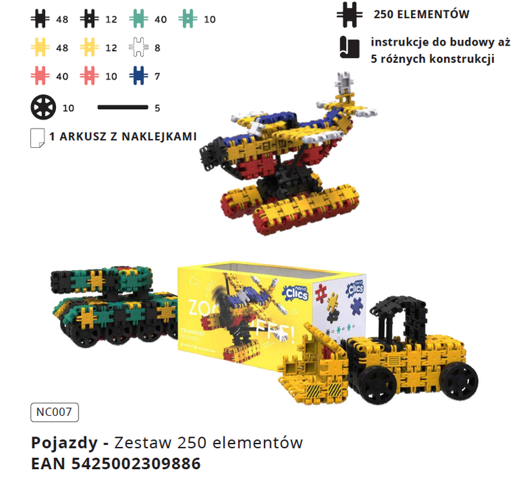 Clics Toys, Nano Clics, Transport Builders, set de constructie 5 in 1, 250 piese