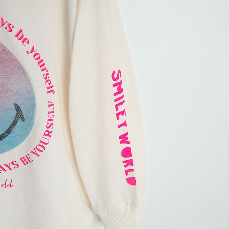 Cool Club, Bluza cu maneca lunga pentru fete, oversize, ecru, imprimeu SmileWorld