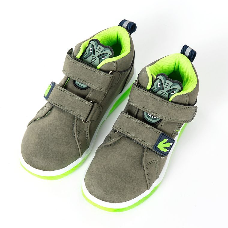 Cool Club, Ghete cu lumini led pentru baieti, culoare kaki, cu branturi de piele