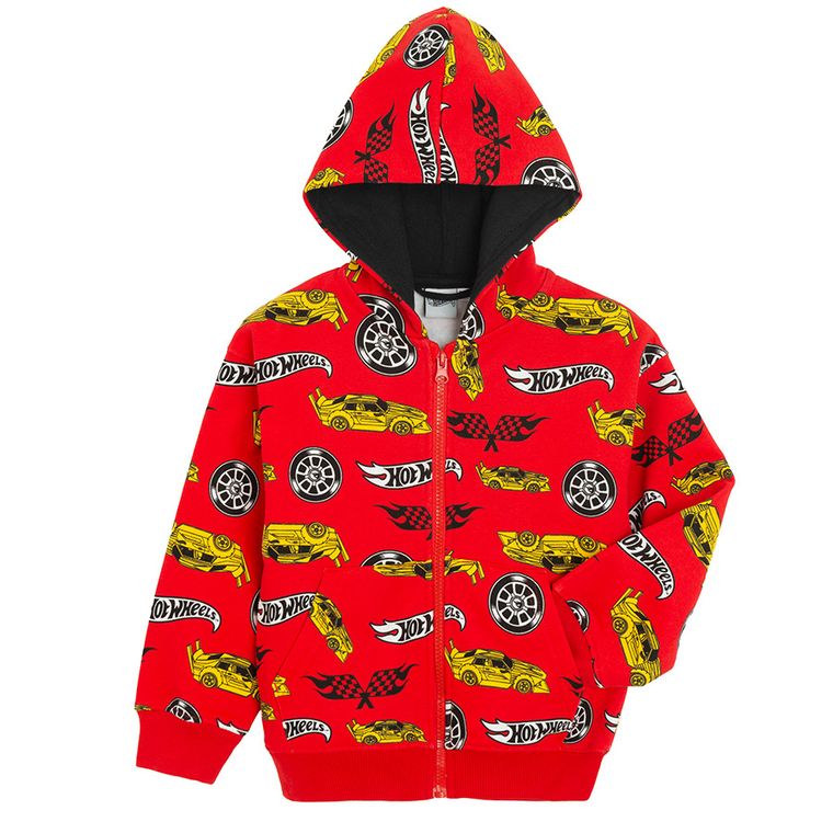 Cool Club, Hanorac pentru baieti, cu fermoar, rosu, imprimeu Hot Wheels