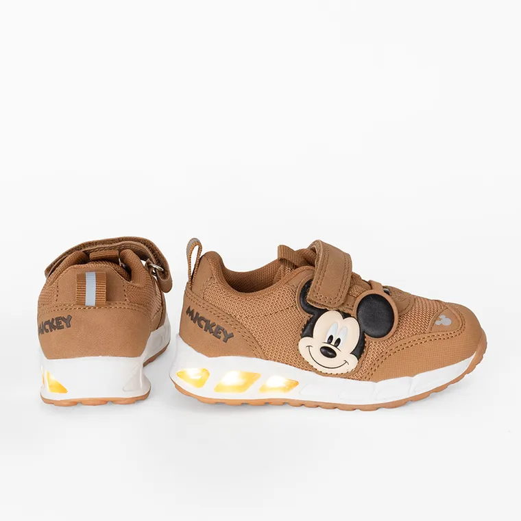 Cool Club, Pantofi sport pentru baieti, maro, talpa cu leduri, imprimeu Mickey Mouse