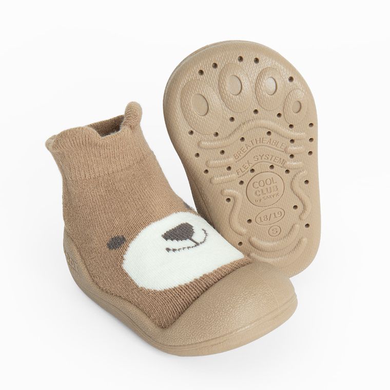 Cool Club, Papuci de casa tip soseta pentru baieti, maro, talpa Barefoot