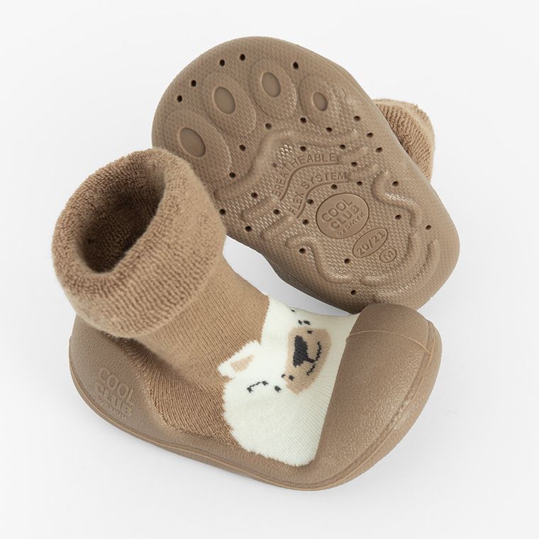 Cool Club, Papuci de casa tip soseta pentru copii, maro, talpa Barefoot