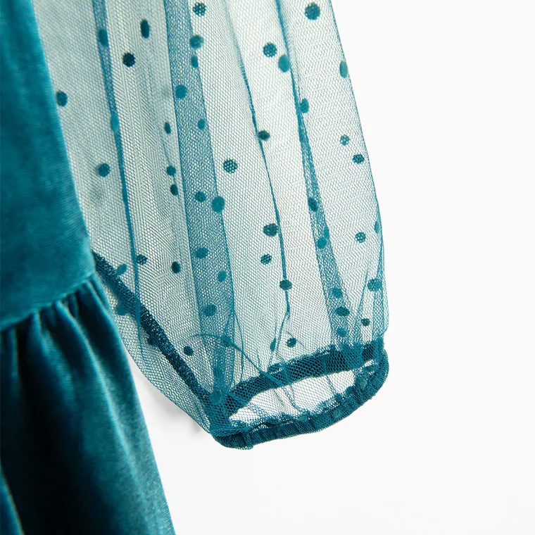 Cool Club, Rochie cu maneca lunga pentru fete, velur, turcoaz