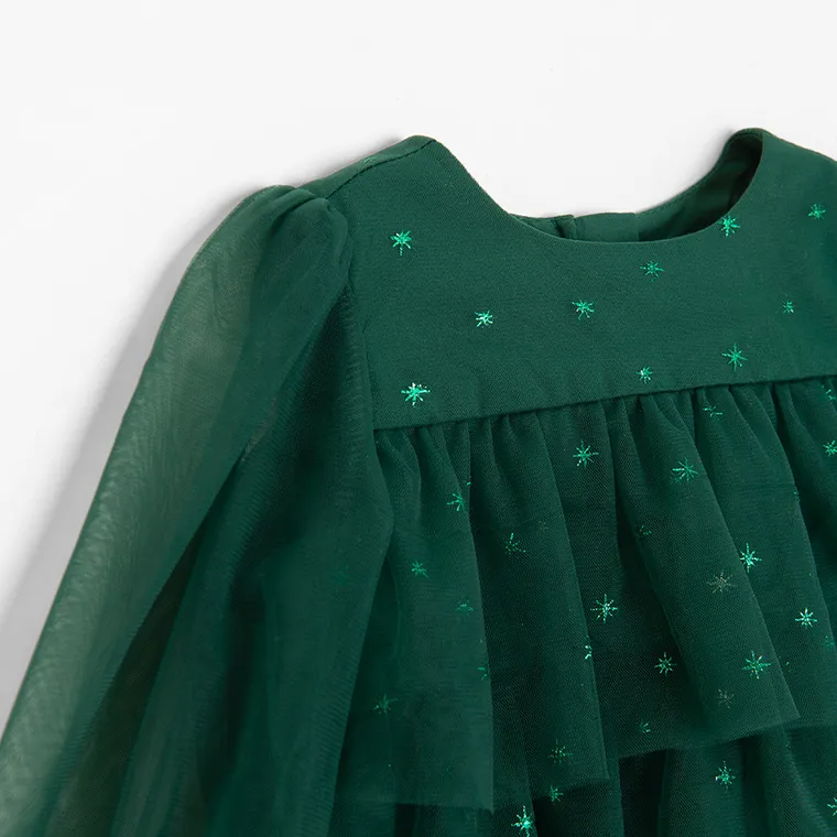 Cool Club, Rochie cu maneca lunga pentru fete, verde inchis